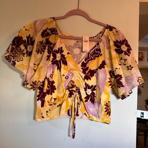 Anthropologie Yellow Floral Crop Top with Purple Accents